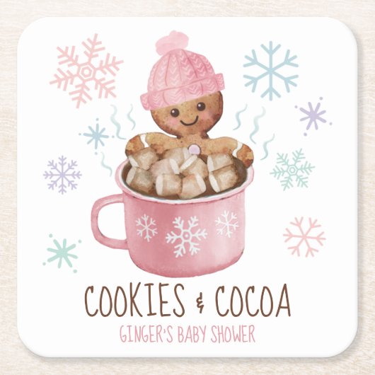 Dessous-de-verre Carré En Papier Pain d'épices Cookies et cacao Baby shower fille (Devant)