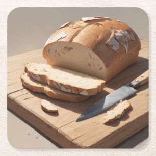 Dessous-de-verre Carré En Papier Pain et tranches croûteux sur planche en bois