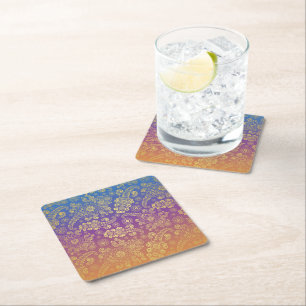 Dessous-de-verre Carré En Papier Paisley Luxe Doré sur Fond Bleu, Violet et Orange