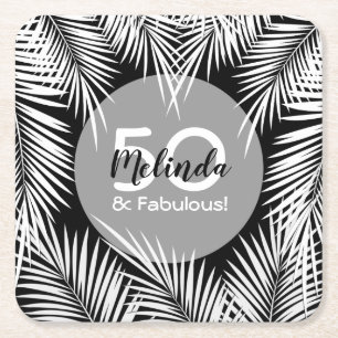 Dessous-de-verre Carré En Papier Palmes blanches sur l'Anniversaire Tropical Noir