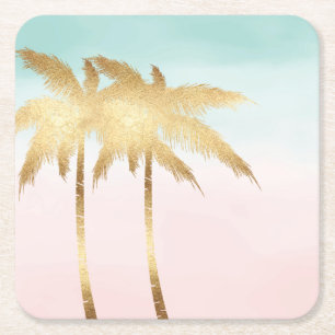 Dessous-de-verre Carré En Papier Palmiers Tropicaux Rose Menthe Ombré Or