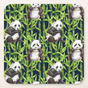 Dessous-de-verre Carré En Papier Panda avec Motif d'aquarelle en bambou
