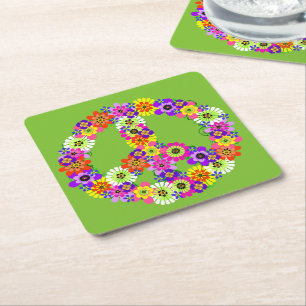 Dessous-de-verre Carré En Papier Panneau de paix Floral sur Lime Green