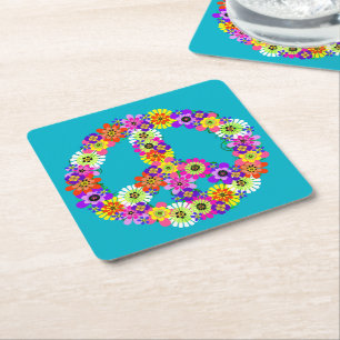 Dessous-de-verre Carré En Papier Panneau de paix Floral sur Turquoise
