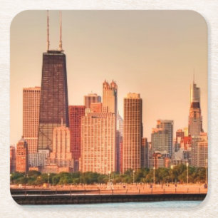 Dessous-de-verre Carré En Papier Panorama d'horizon de Chicago au lever de soleil
