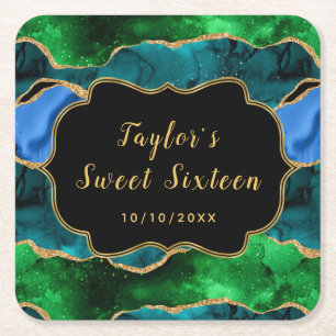 Dessous-de-verre Carré En Papier Paon Bleu et Vert Agate Sweet Sixteen