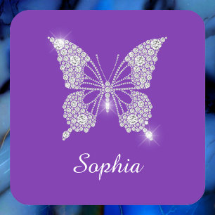 Dessous-de-verre Carré En Papier Papillon Diamant Blanc, Nom en écriture, Violet