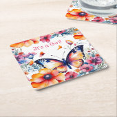 Dessous-de-verre Carré En Papier Papillon en fleurs Baby shower de fille (Incliné)