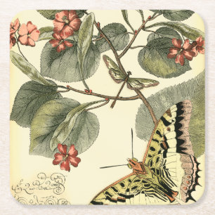 Dessous-de-verre Carré En Papier Papillon et libellule avec les fleurs rouges