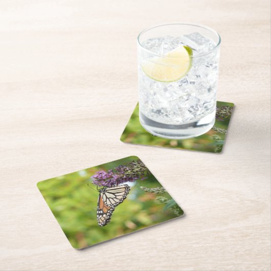 Dessous-de-verre Carré En Papier Papillon Monarque sur papillon pourpre Bush (En situation)