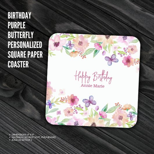 Dessous-de-verre Carré En Papier Papillon violet d'anniversaire Personnalisé