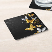 Dessous-de-verre Carré En Papier Papillons blancs et dorés (Incliné)