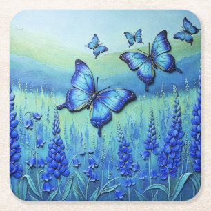 Dessous-de-verre Carré En Papier Papillons bleus avec des fleurs bleues,