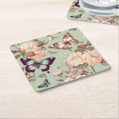 Dessous-de-verre Carré En Papier Papillons et fleurs vert pastel (Incliné)