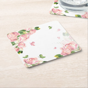 Dessous-de-verre Carré En Papier papillons feuille verts aux fleurs roses chaudes