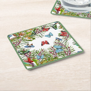 Dessous-de-verre Carré En Papier Papillons Plante tropicaux Berries Bleu rouge