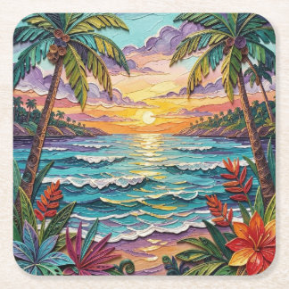 Dessous-de-verre Carré En Papier Paradis tropical | Scène de plage côtière Impasto