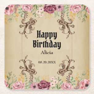 Dessous-de-verre Carré En Papier Parchemin vintage de fleurs d'or de Maron