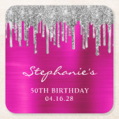 Dessous-de-verre Carré En Papier Parties scintillant argent gouttes rose chaud 50e  (Devant)