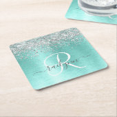 Dessous-de-verre Carré En Papier Parties scintillant argentée turquoise en métal br (Incliné)