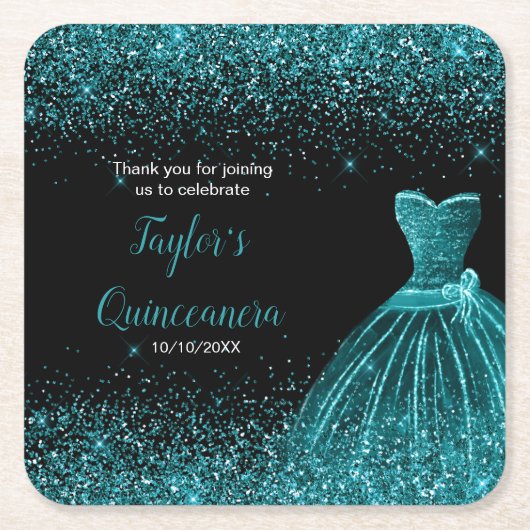 Dessous-de-verre Carré En Papier Parties scintillant de Quinceanera Blue Turquoise  (Devant)