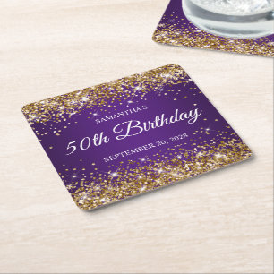 Dessous-de-verre Carré En Papier Parties scintillant d'or et Royal Purple 50e anniv
