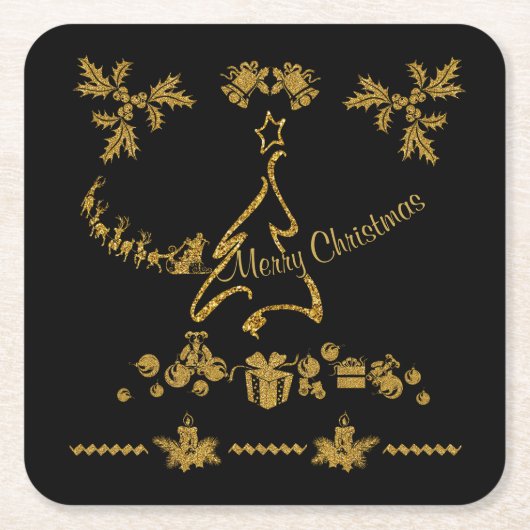 Dessous-de-verre Carré En Papier Parties scintillant d'or Joyeux Noël, Père Noël (Devant)