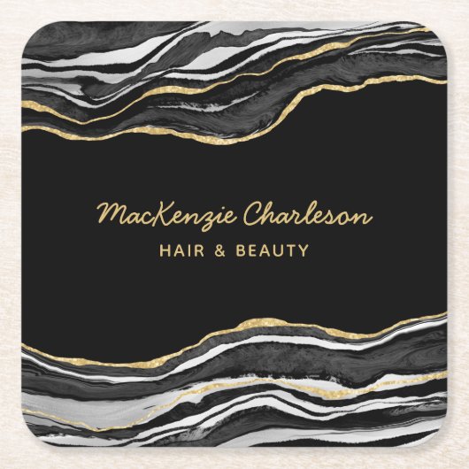 Dessous-de-verre Carré En Papier Parties scintillant dorée en marbre noir (Devant)