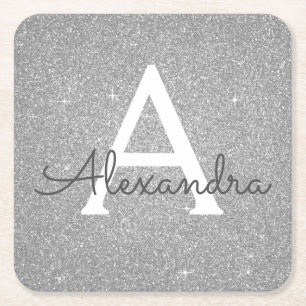 Dessous-de-verre Carré En Papier Parties scintillant en argent de luxe et Monogramm