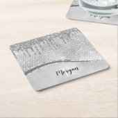 Dessous-de-verre Carré En Papier Parties scintillant en argent et étincelle, nom et (Incliné)