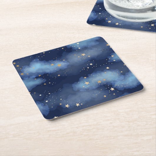 Dessous-de-verre Carré En Papier Parties scintillant Gold Stars Dark Blue Sky Motif (Incliné)