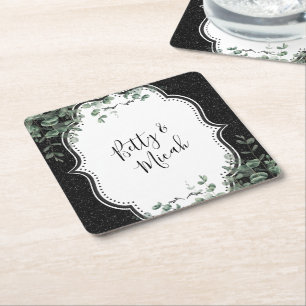 Dessous-de-verre Carré En Papier Parties scintillant noire et bouquet floral d'Euca