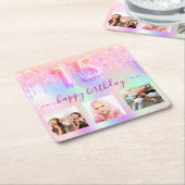 Dessous-de-verre Carré En Papier Parties scintillant photo holographique rose Quinc (Incliné)