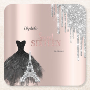 Dessous-de-verre Carré En Papier Parties scintillant, Robe, Tour Eiffel Sweet 16