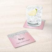 Dessous-de-verre Carré En Papier Parties scintillant rose argent gouttes nom annive (En situation)