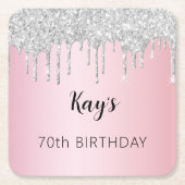 Dessous-de-verre Carré En Papier Parties scintillant rose argent gouttes nom annive (Devant)