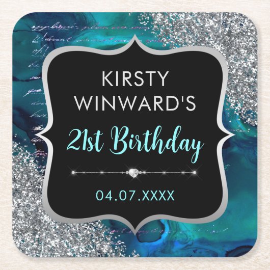 Dessous-de-verre Carré En Papier Parties scintillant turquoise Iridescente Lettres (Devant)