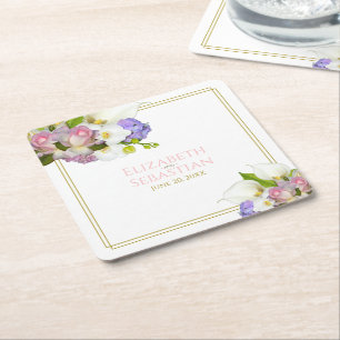 Dessous-de-verre Carré En Papier Pastel Bouquet Printemps Floral Rose & Or Mariage