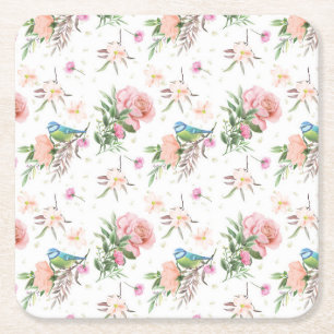 Dessous-de-verre Carré En Papier Pastel Creusé à la main Fleurs roses et de Pêche &
