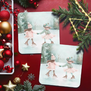 Dessous-de-verre Carré En Papier Patinage pour filles à la menthe et roses - Scène