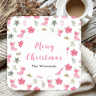 Dessous-de-verre Carré En Papier Patins à glace floraux rose de Noël Joyeux Noël