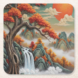 Dessous-de-verre Carré En Papier Paysage de montagne automnal avec cascade