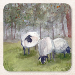 Dessous-de-verre Carré En Papier Paysage des moutons d'aquarelle