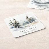 Dessous-de-verre Carré En Papier Paysage des neiges d'hiver Mariage d'aquarelle (Incliné)