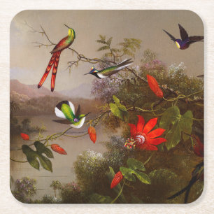 Dessous-de-verre Carré En Papier Paysage tropical avec dix colibris