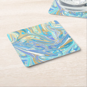 Dessous-de-verre Carré En Papier Pearlescent Aqua & Gold en marbre liquide
