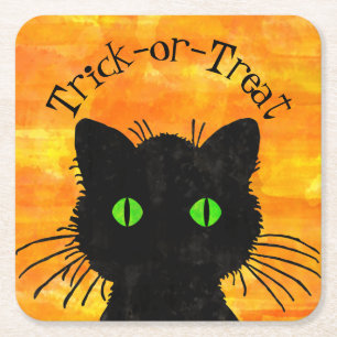 Dessous-de-verre Carré En Papier Peek-A-Boo Chat noir Orange Trick-or-Treat
