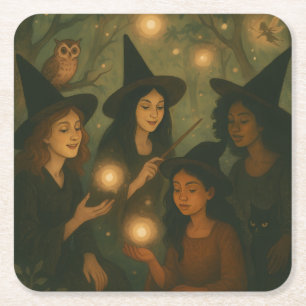 Dessous-de-verre Carré En Papier Peinture à l'huile d'Halloween de sorcières dans l
