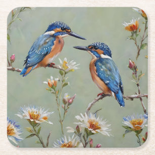 Dessous-de-verre Carré En Papier Peinture À L'Huile D'Oiseaux Et De Fleurs De Pêche