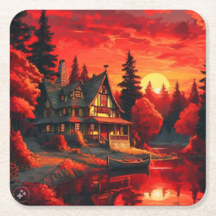 Dessous-de-verre Carré En Papier Peinture coucher de soleil avec chalet et lac-6663